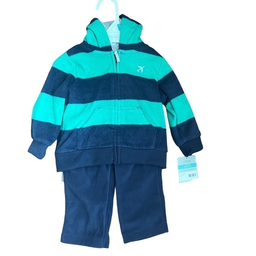 Carter’s 3 Piece 6M Infant Boys Striped Green Blue Fleece Matching Set NWT